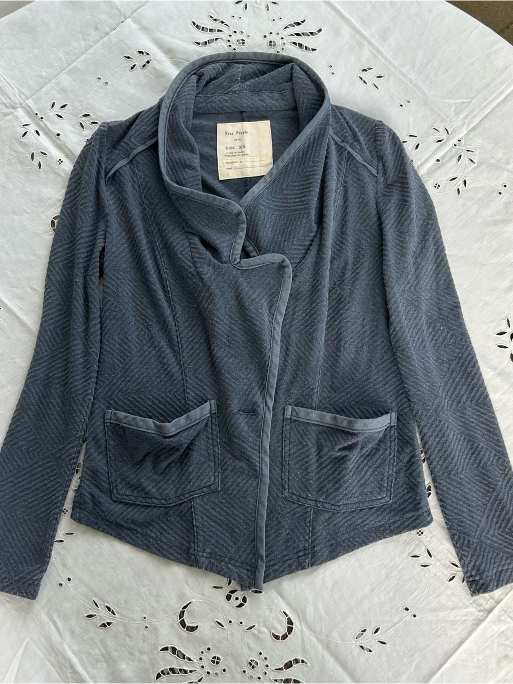 Free People Slate Blue Chevron Textured Jacket Sweater